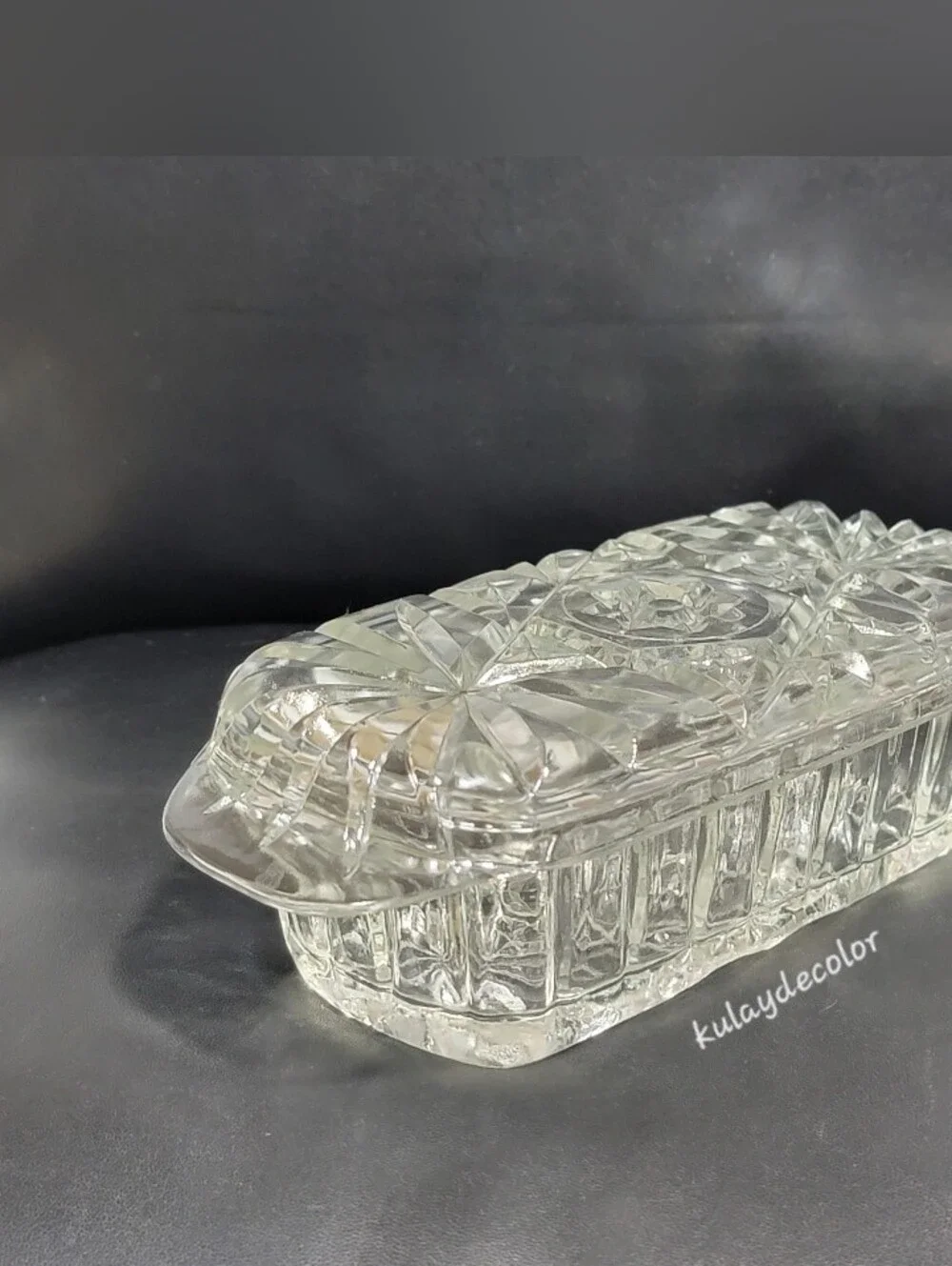Vintage Anchor Hocking Pressed Glass Covered Butter Dish Star of David Pattern